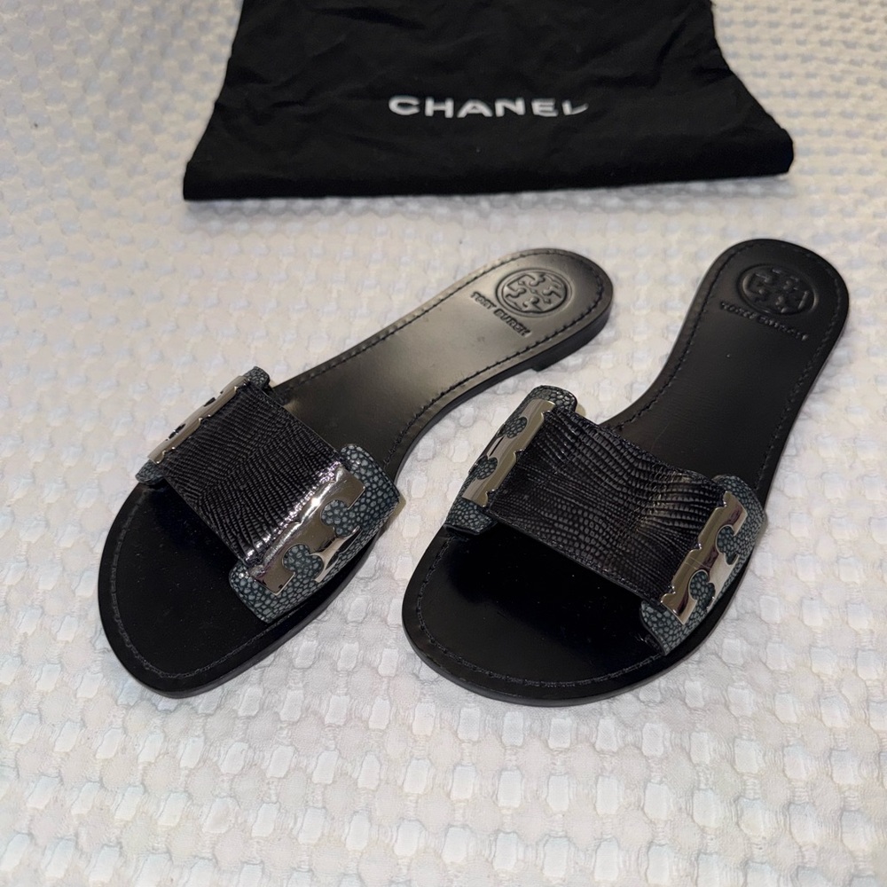 Tory Burch Black Slide Sandals with Silver Hardware